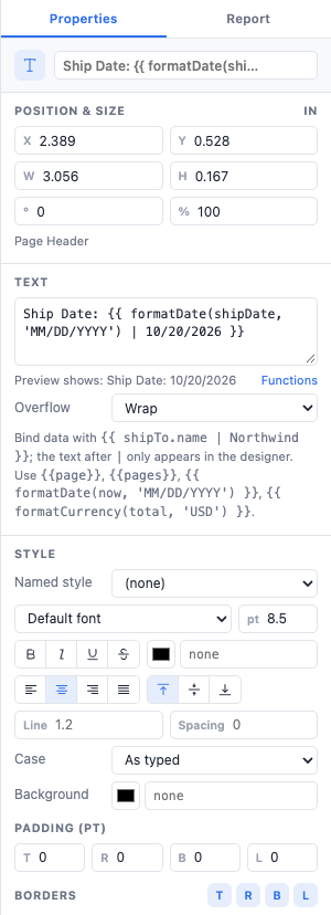 The Properties tab for a text element