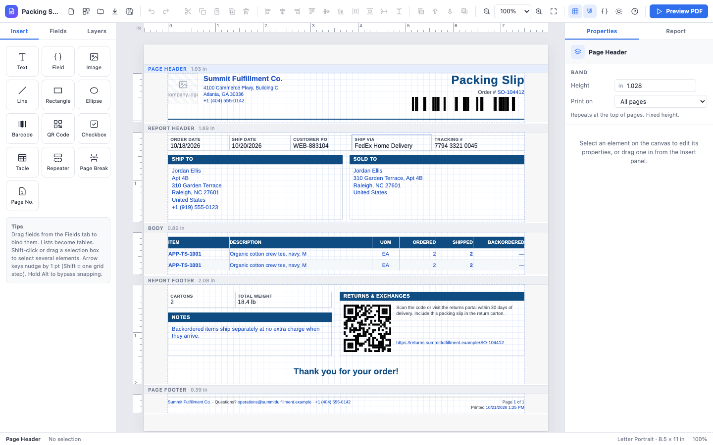 The packing slip template in the designer