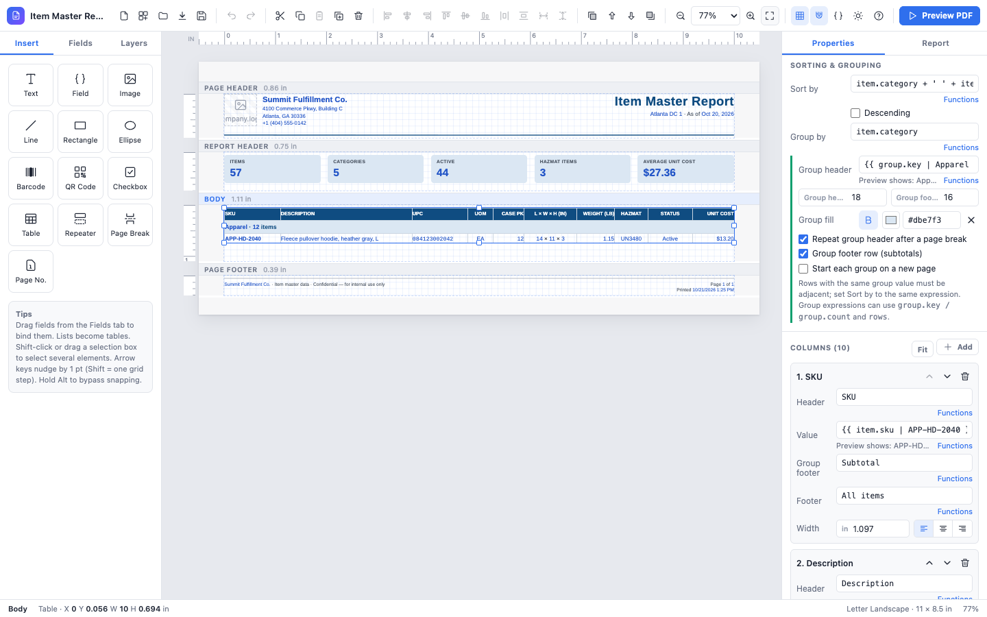 A table selected, with the column editor