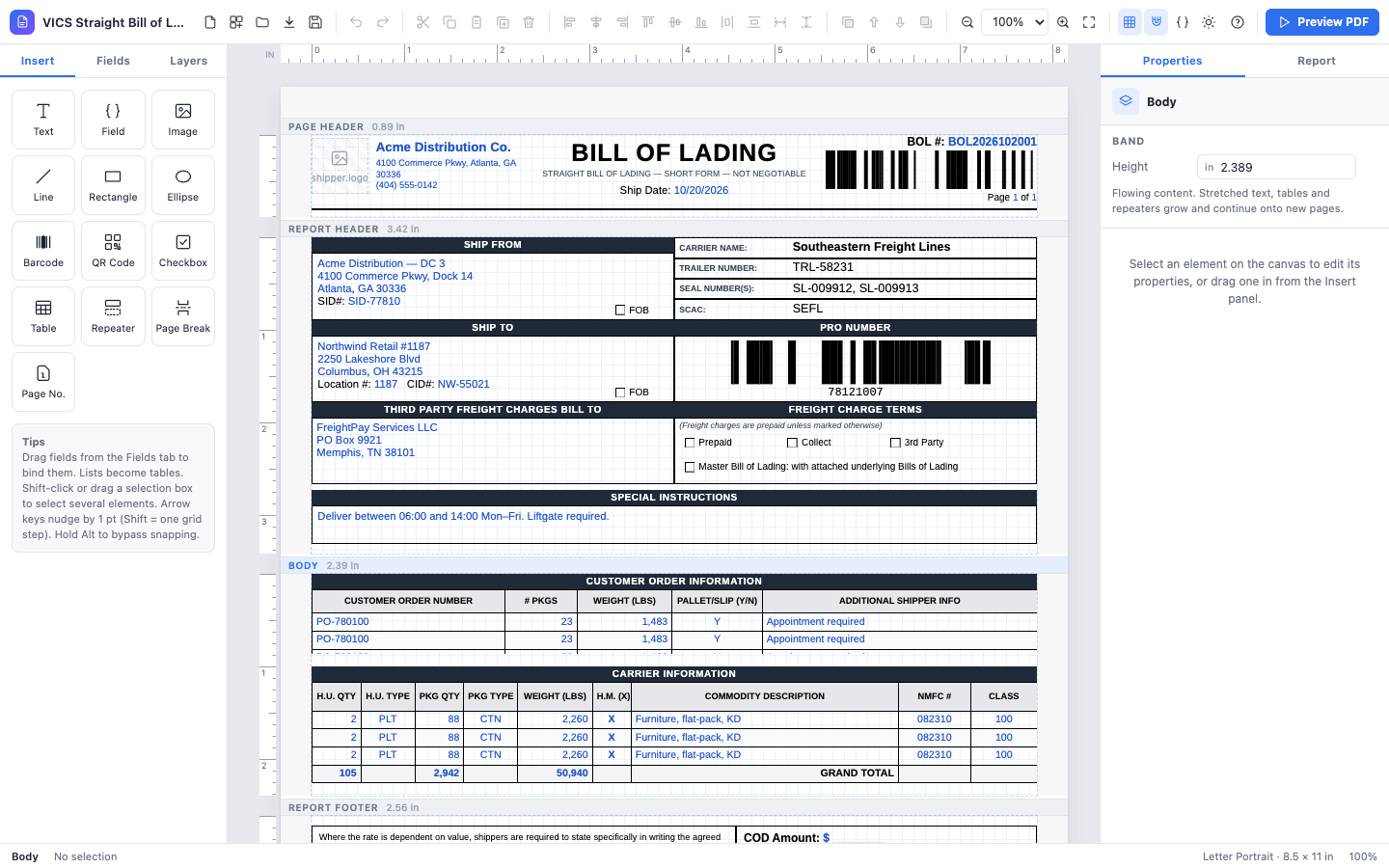 The designer with a bill of lading open
